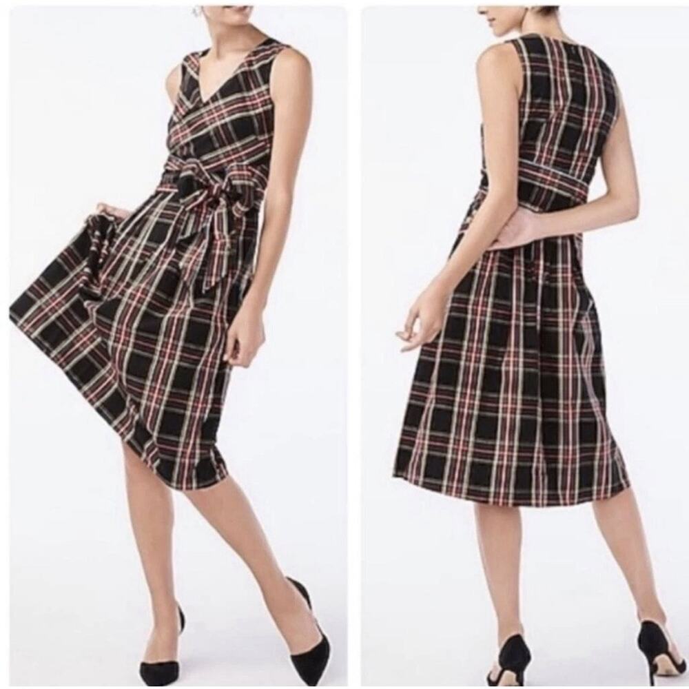 J. Crew Factory Black and Red Plaid Sleeveless Wrap Midi Dress Cotton 4P